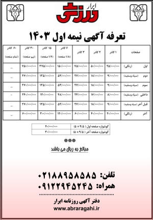 پیشنمای تعرفه آگهی روزنامه ابرار ورزشی